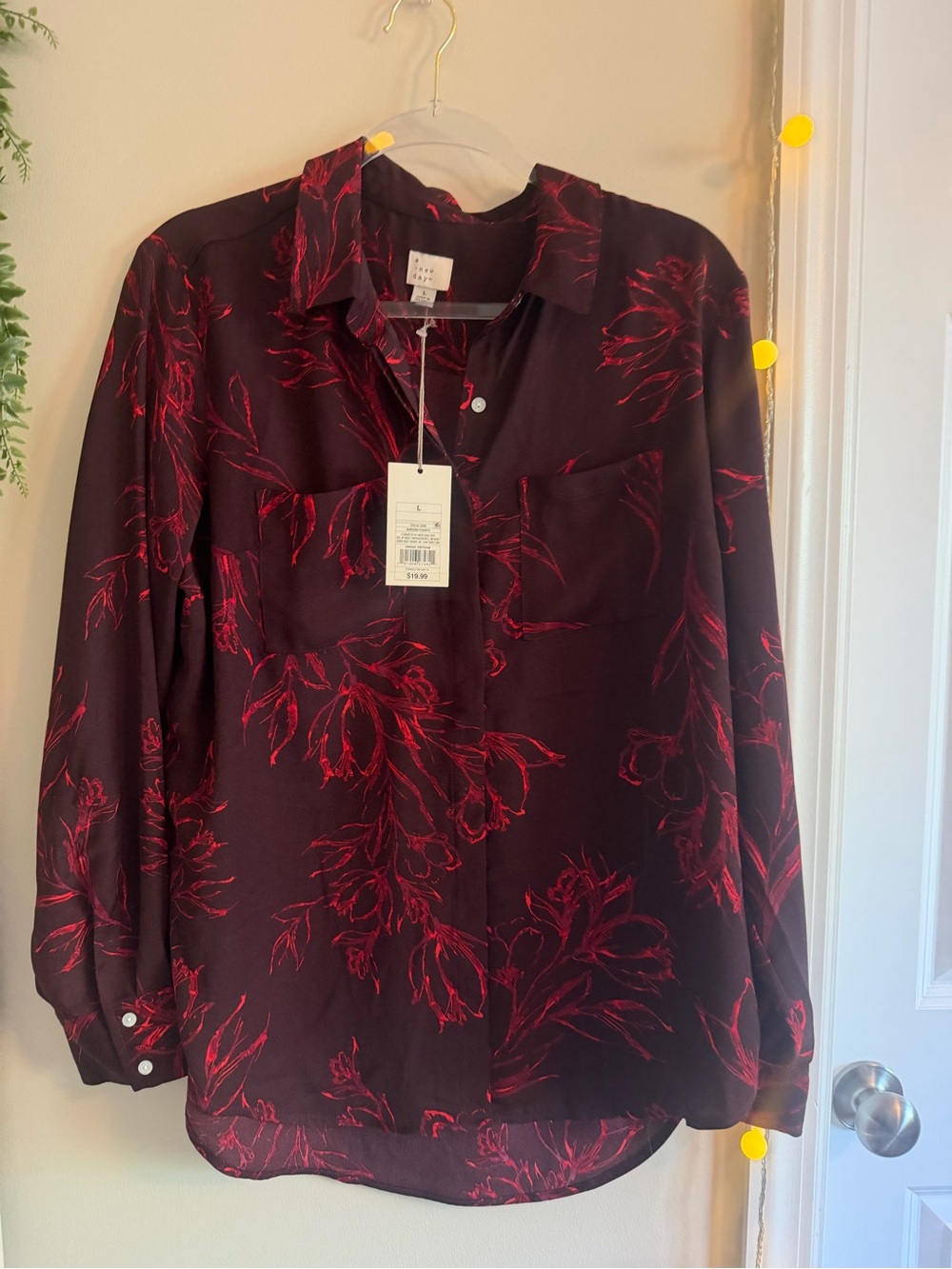 a new day Men's Burgundy Button-Down Shirt with Red Floral Print